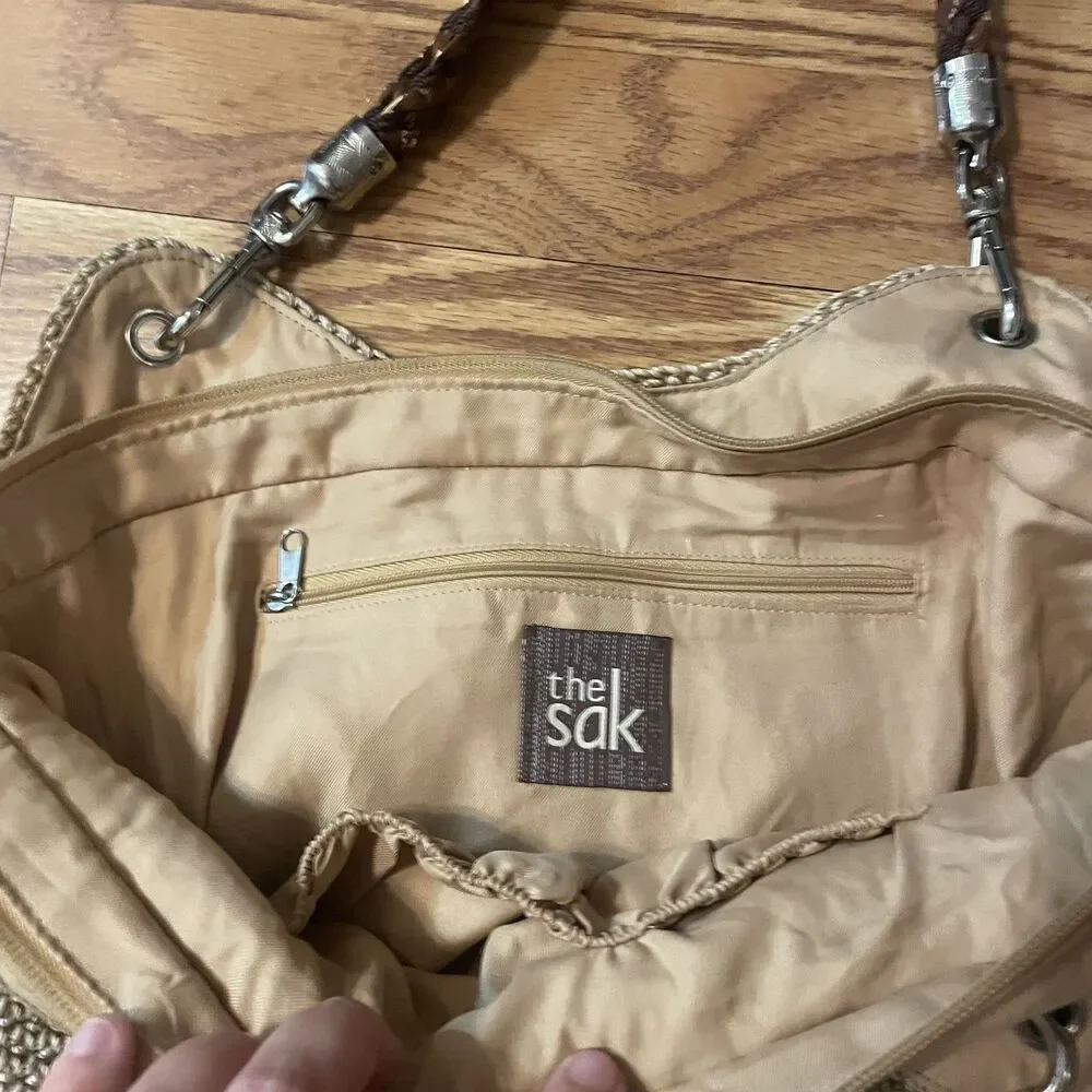 The Sak Indio Crochet Shoulder Bag Sand Stripe Woven Boho Tote Purse